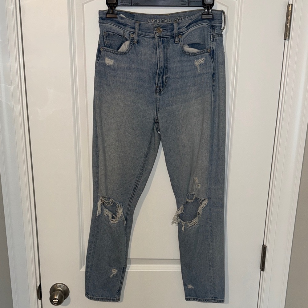 American Eagle Outfitters Women's Distressed High Rise Jeans - Light Blue